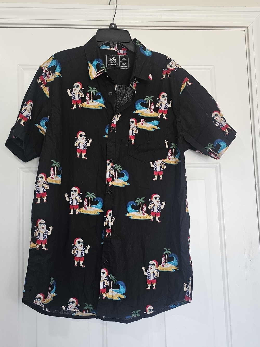 Rugby University Black Santa with Holiday Print Button-Down Size Large Shirt{B6